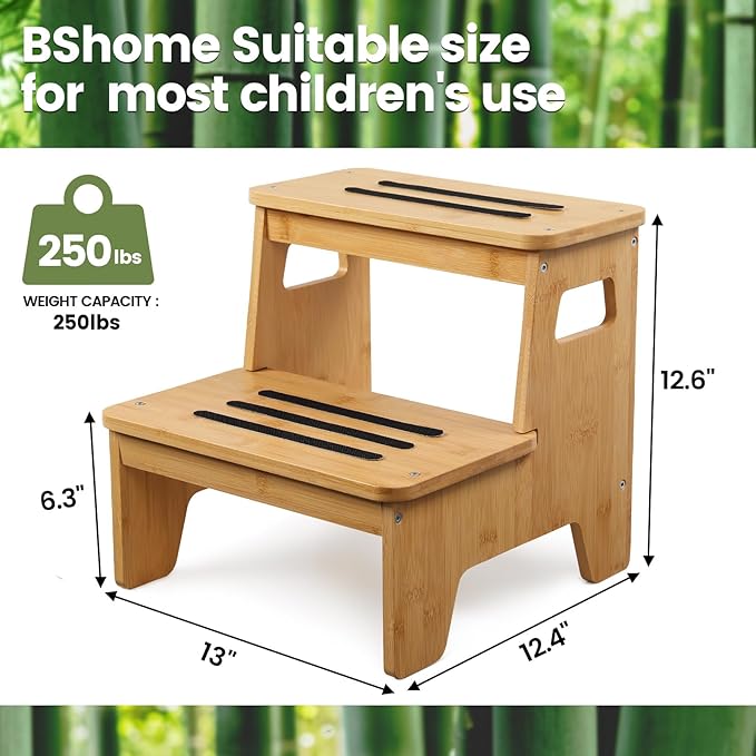 Wooden Step Stools for Kids, Heavy Duty Bamboo 2-Step Stepping Stools for Toddlers, DIY Non-Slip Pads & Handles, for High Bed, Bathroom, Toilet, Kitchen, RV, Natural