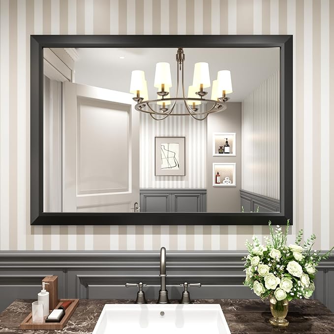Amorho Black Bathroom Mirror, 48x35 Inch Thick Metal Framed Wall Mirrors for Over 2 Sinks, Bedroom, Living Room, Entryway, Large Rectangle Wall-Mounted Mirrors.