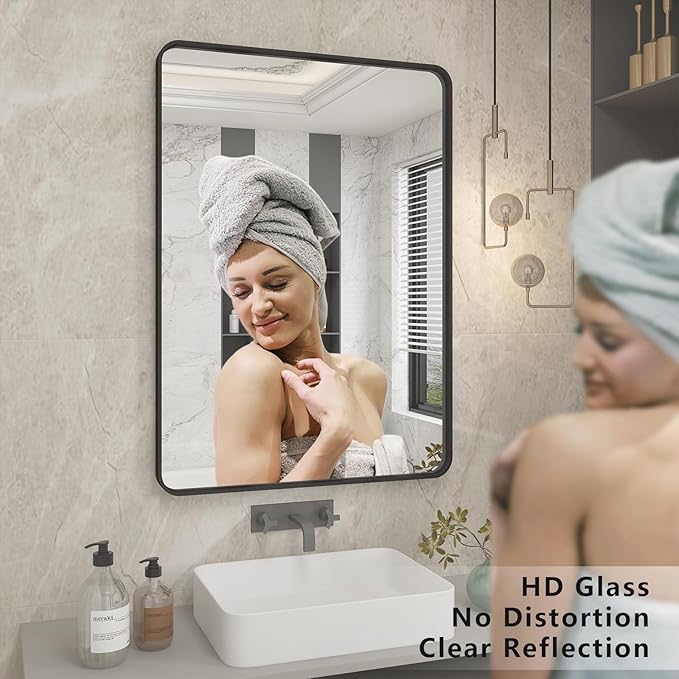 16x24 Inch Black Metal Framed Bathrrom Mirror for Wall, Matte Black Rectabgle Mirror, Rounded Corner, Anti-Rust, Hangs Horizontally or Vertically