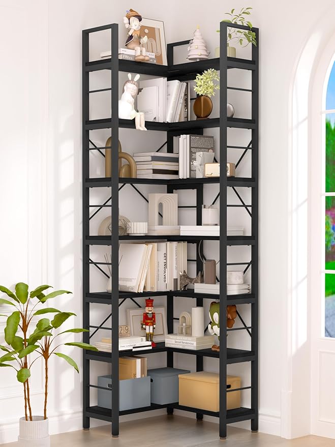 7-Tier Corner Bookshelf, Reversible Wooden Shelves, Industrial Bookcase with Open Shelves and Sturdy Metal Frame, Display Shelf Storage Rack for Living Room, Bedroom, Home Office (Black)