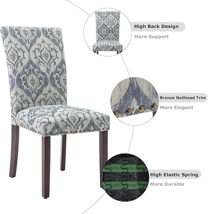 COLAMY Upholstered Parsons Dining Chairs Set of 4, Fabric Dining Room Kitchen Side Chair with Nailhead Trim and Wood Legs - Blue/White Flower
