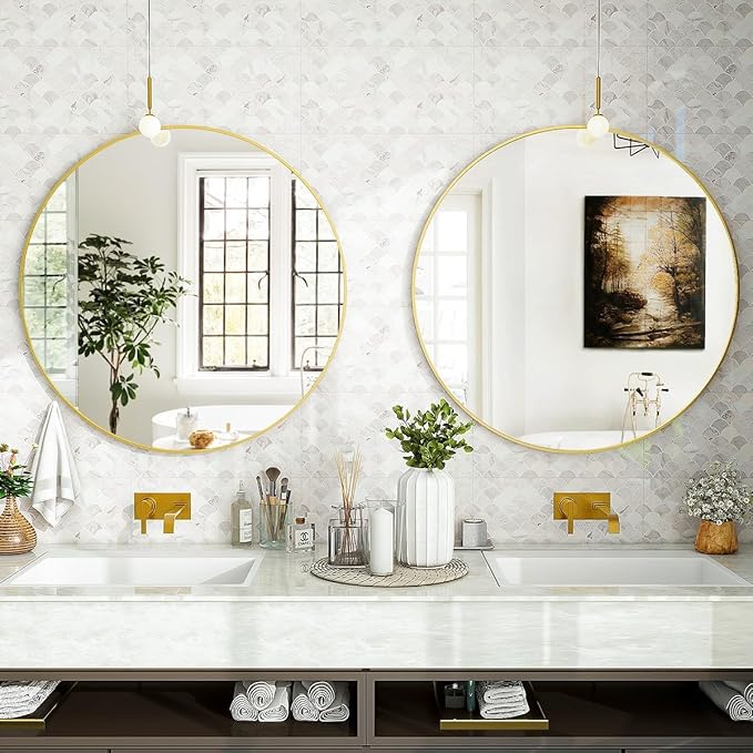 Gold Round Bathroom Mirror, 24 inch Circle Wall Mounted Hanging Mirror with Simple Modern Circular Metal Frame for Hallway, Entryway, Living Room, Gold Frame