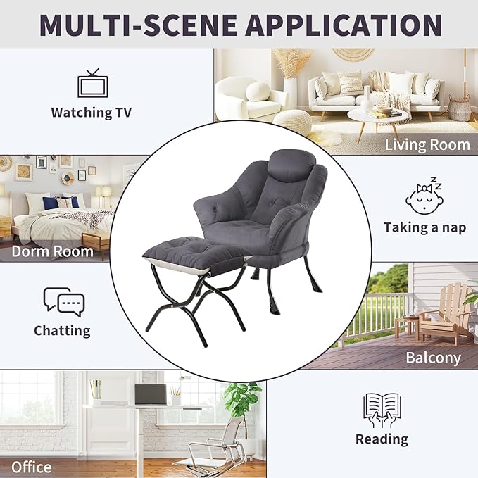 IDEALHOUSE Lazy Chair with Ottoman - Modern Living Room Chairs for Small Spaces, Ergonomic Reading Chair with Armrests, Comfy Chair with Ottoman for Bedroom & Living Room, Grey