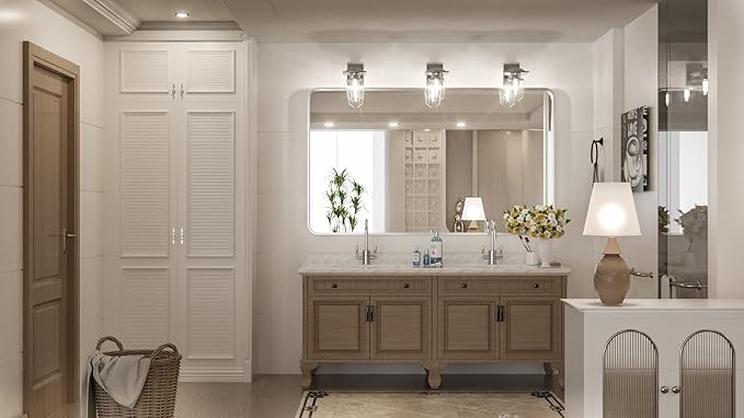 TokeShimi 48 x 30 Inch Brushed Silver Bathroom Mirror for Wall Brushed Brass Metal Rounded Corner Rectangle Mirror Metal Frame Deep Set Design Hangs Horizontal Or Vertical