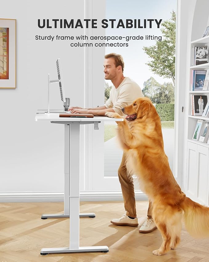 ErGear Height Adjustable Electric Standing Desk, 63 x 28 Inches Sit Stand up Desk, Large Memory Computer Home Office Desk with Two-Piece Desktop (White)