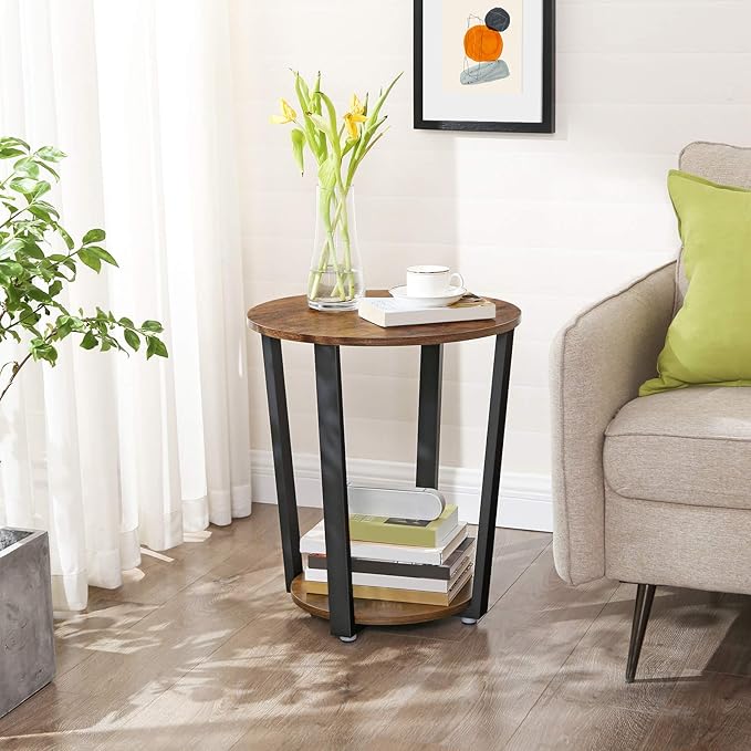 VASAGLE End Table, Round Side Table with Storage Shelf, Easy Assembly, Industrial Accent Furniture with Steel Frame, Rustic Brown and Black