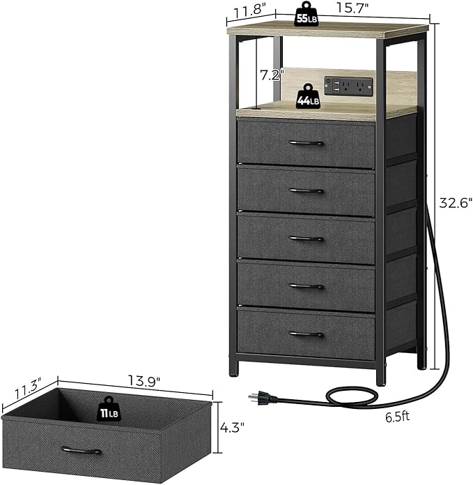 Seventable Night Stand with Charging Station, Tall Nightstand with 5 Fabric Storage Drawers, Side Table with LED Light for Bedroom, Entryway, Greige