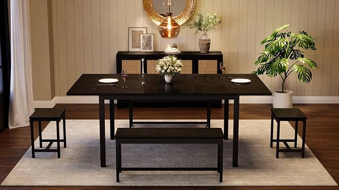 IDEALHOUSE 5-Piece Extendable Dining Table Set for 4-8 People, 63 Inch Kitchen Table with 2 Benches & 2 Stools, Space Saving Modern Dining Room Furniture, Easy Assembly, Black