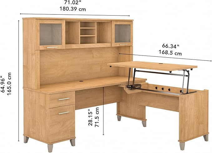 Bush Furniture Somerset 3 Position Sit to Stand L Shaped Desk with Hutch in Maple Cross Ergonomic Height Adjustable Standing Computer/Laptop Table for Home Office