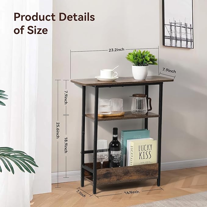 Narrow Side Table for Small Spaces, 3-Tier Small End Table with Storage Shelf and Magazine Holder, Slim and Skinny Nightstand for Bedroom, Living Room Sofa Table for Space Saving, Brown