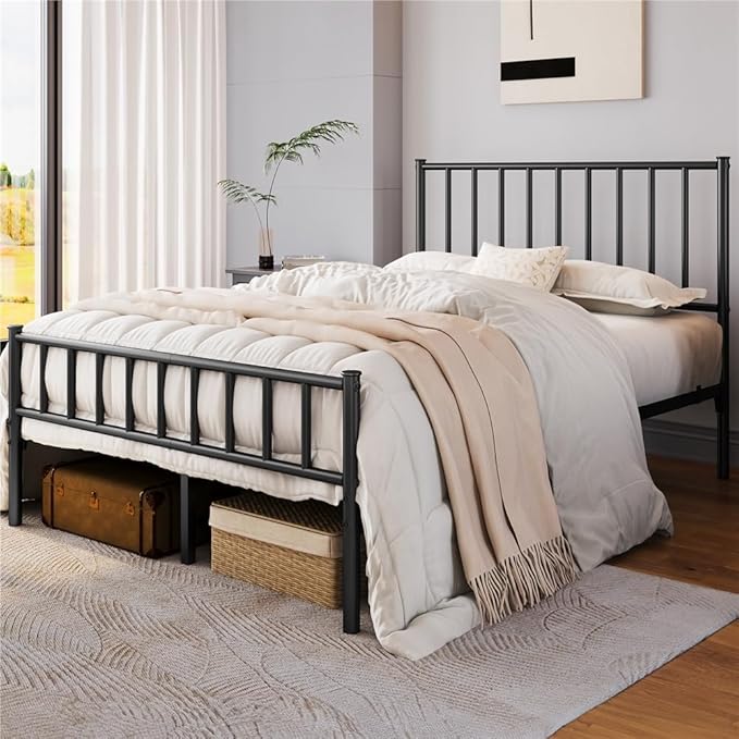 Yaheetech 14 Inch Queen Size Bed Frame Metal Platform Bed with Spindle Headboard Footboard/Mattress Foundation/No Box Spring Needed/Underbed Storage Space/Steel Slat Support/Easy Set up, Black