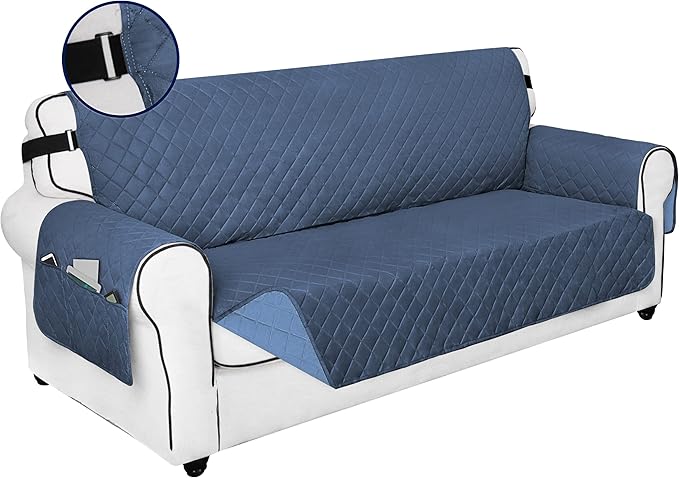 PureFit Reversible Sofa Couch Cover Water Resistant Couch Covers for 3 Cushion, Washable Furniture Cover with Non-Slip Foam and Adjustable Strap for Dogs, Pets (Oversized Sofa, Dark Blue/Light Blue)