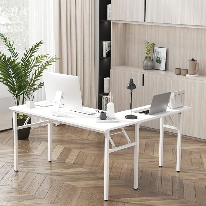 DlandHome Reversible L-Shaped Desk Large Corner Desk Folding Table Computer Desk Home Office Table Computer Workstation,White-N