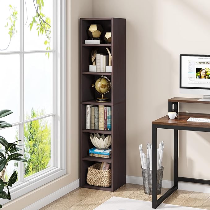 LITTLE TREE 70.9 Inch Tall Narrow Bookcase, Corner Bookshelf 6 Tier Cube Display Shelf Storage Organizer for Small Space, Brown