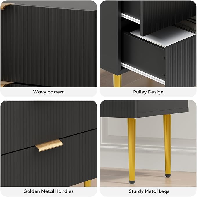 Set of 2 Nightstand, Black Mid Century Modern Night Stand with Fluted Panel, Bedside Table with 2 Drawer, Large NightStand with Gold Leg for Bedroom