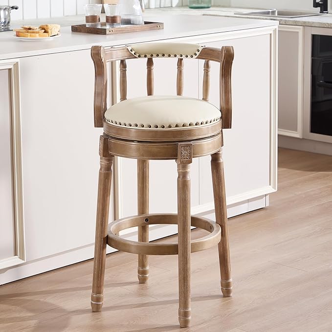 CozyRain Bar Stools Modern Swivel Barstools,Kitchen Counter Genuine Leather Upholstered Vintage Barstool for Home Kitchen Dining Room (Beige, Seat Height 29.5 in)