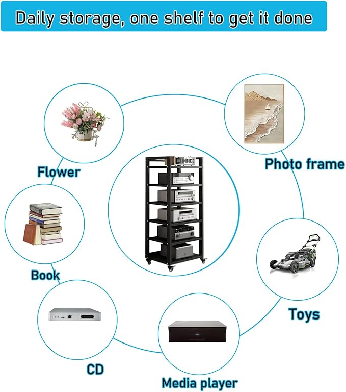 6 Tier Audio Rack Tower, CD Record Player Stereo Receiver AV Equipment Cabinet Display Rack, Weight Capacity 661 lbs, with Adjustable Wooden Shelves for Home (BIACK, 6 Tier 47×19.7×15.7IN)