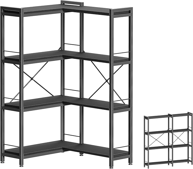 Huuger 4 Tier Bookshelf, L Shaped Corner Bookshelf with 8 Open Shelves, 49.4 Inch Straight Wide Bookcase with Metal Frame and Wooden Board, Adjustable Feet, Black
