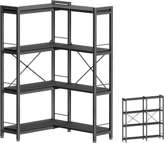 Huuger 4 Tier Bookshelf, L Shaped Corner Bookshelf with 8 Open Shelves, 49.4 Inch Straight Wide Bookcase with Metal Frame and Wooden Board, Adjustable Feet, Black