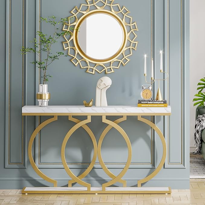 LITTLE TREE 55 inch Faux Marble Gold Console Table Modern Entryway Table Narrow Long Sofa Table Accent Table for Living Room, White and Gold