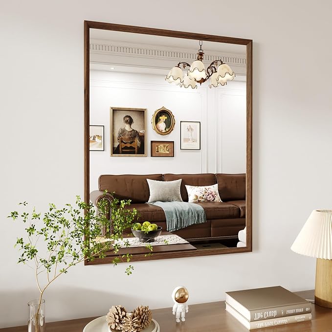 WEER Walnut Bathroom Mirror, Walnut Framed Mirror 28X36 Inch, Rectangle Wall Mounted Bathroom Vanity Mirror with Tempered Glass, Hangs Vertically or Horizontally, Anti-Rust