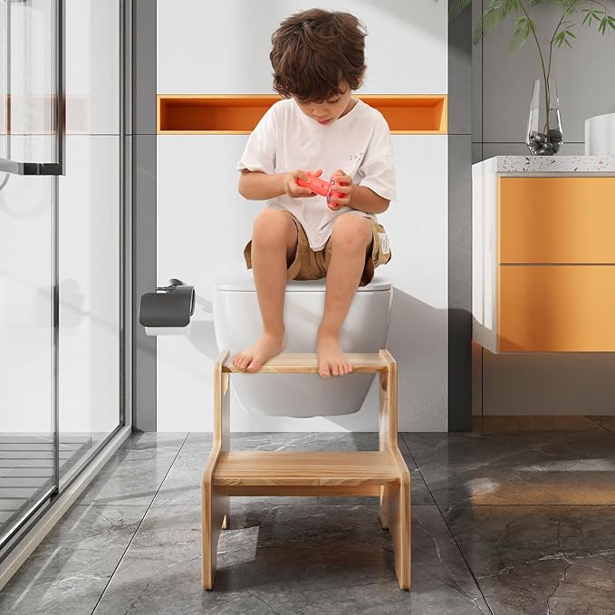 Wooden Step Stool,Two Step Stool for Kids,Toddler Montessori Stool Supports 300 lbs Kids Toddler Stepping Stool for Bathroom Sink/Toilet/Kitchen/Bed,Natural