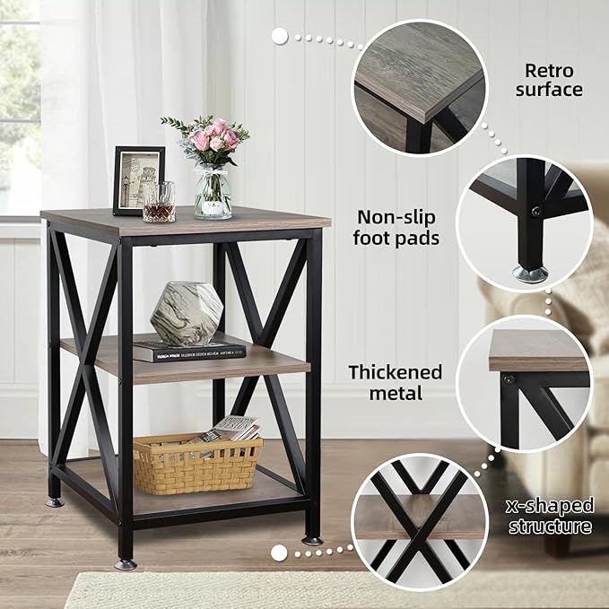 End Tables Living Room, 16" D x 16" W x 24" H, Indoor SideTables Living Room with Storage Shelf, Square End Table, X-Shaped Night Stands for Bedroom, Farmhouse Wood End Tables, Grey