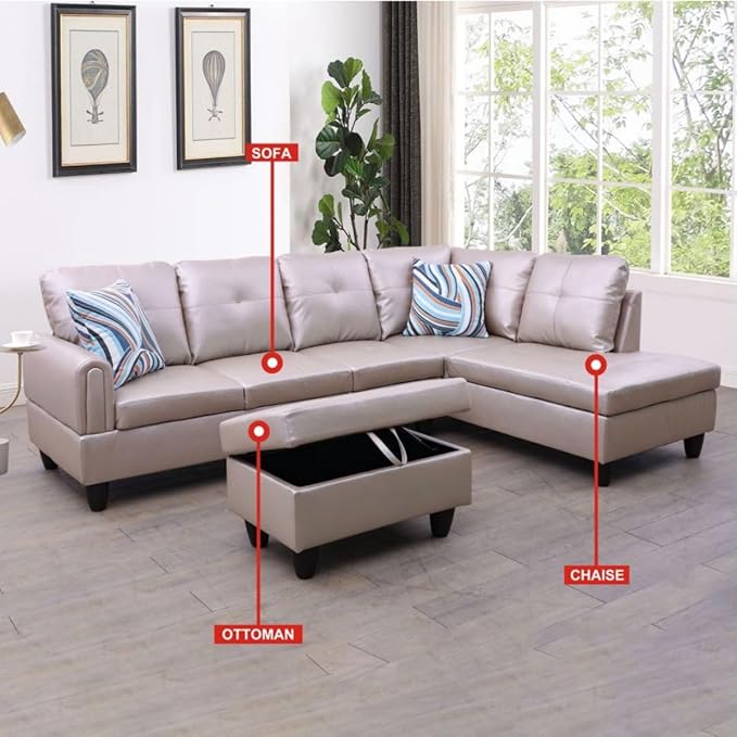 Latte L-Shaped 3-Piece Faux Leather Sofa with Storage Ottoman Set, Sectional Couch Sofa Set for Living Room, Office, Small Space