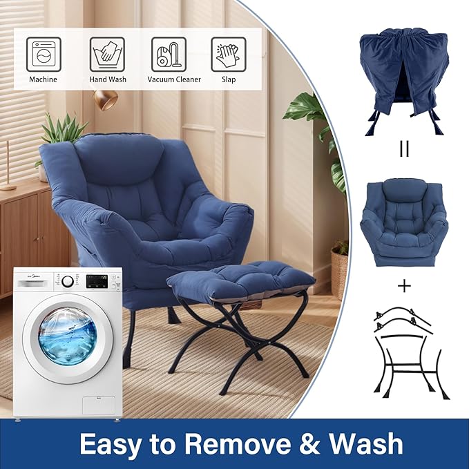 Large Lazy Chair with Ottoman, Accent Reading Chair with a Footrest, Cozy Lounge Armchair, Leisure Sofa Armchair for Living Room, Bedroom, Dorm Room, Office (Royal Blue)