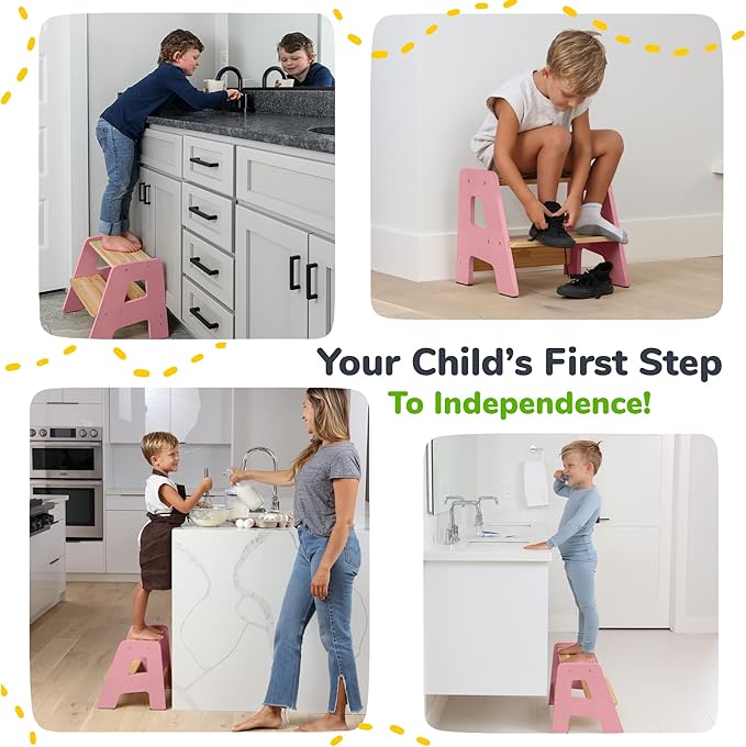 2-Step Wooden Step Stool for Toddlers | Kids Stool for Bathroom Sink & Kitchen Use | Non-Slip Step | Wooden Stool for Children Ages 2+ Years Pink