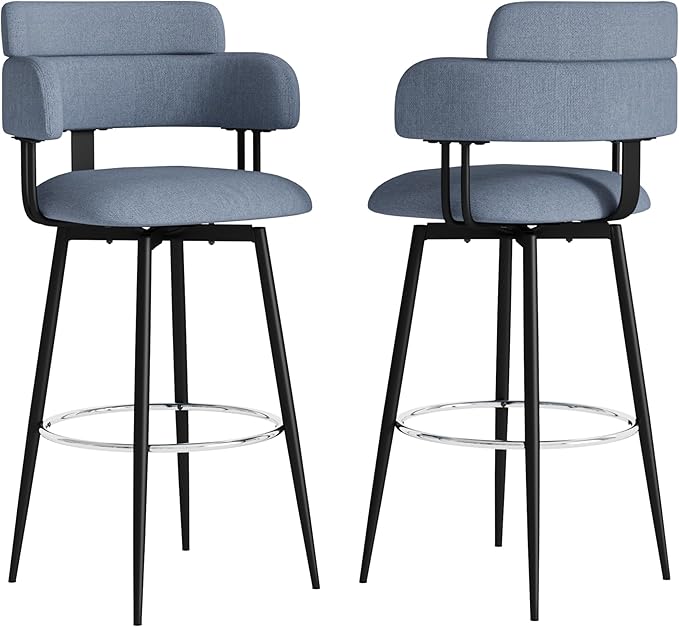 Swivel Bar Stools Set of 2, Counter Height Bar Stools with Ergonomic Full Back, Upholstered Linen Fabric Barstools with Chrome Metal Footrest for Kitchen Island, Dining Room