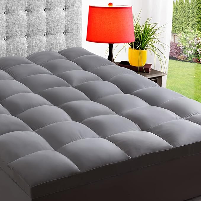ELEMUSE Full XL Grey Mattress Topper for Back Pain, Extra Thick Mattress Pad Cover, Plush Soft Pillowtop with Elastic Deep Pocket, Overfilled Down Alternative Filling