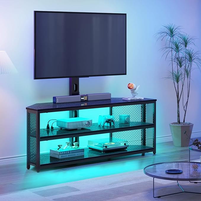 Rolanstar TV Stand with Mount and Power Outlet, Swivel TV Stand with LED Lights for 32/45/55/60/65/70 inch TVs, Black Entertainment Center Media Console with Height Adjustable Mount