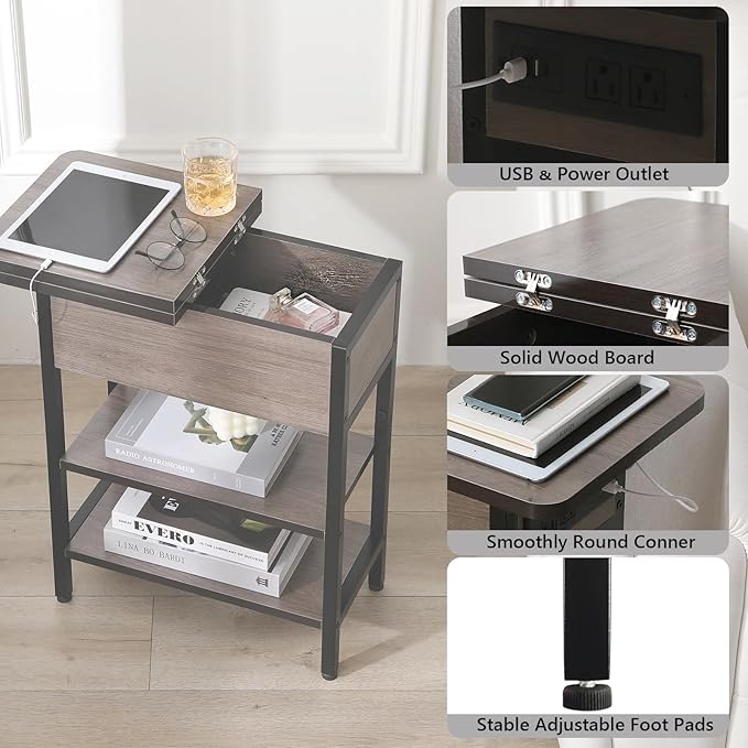 Modern End Table with Charging Station, Narrow Side Table with USB Ports & Outlets, Flip-Top Nightstand with Storage Shelf, Small Bedside Table for Living Room, Bedroom, Small Space, Charcoal Gray