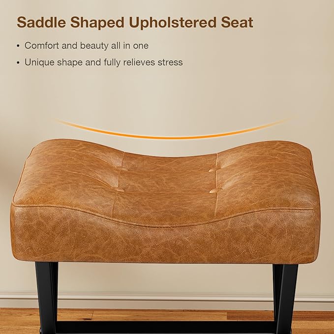 18-Inch Large Leather Vanity Stool, Vanity Chair with Metal X-Leg, Ottoman Foot Stool with Thick Padded Saddle Seat, Brown