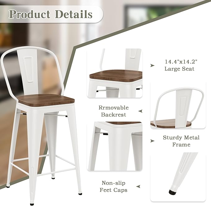 Yongqiang 26 inch Metal Bar Stools Set of 4 Farmhouse Kitchen Island Counter Height Bar Chairs High Back Barstools with Large Wooden Seat Cream White