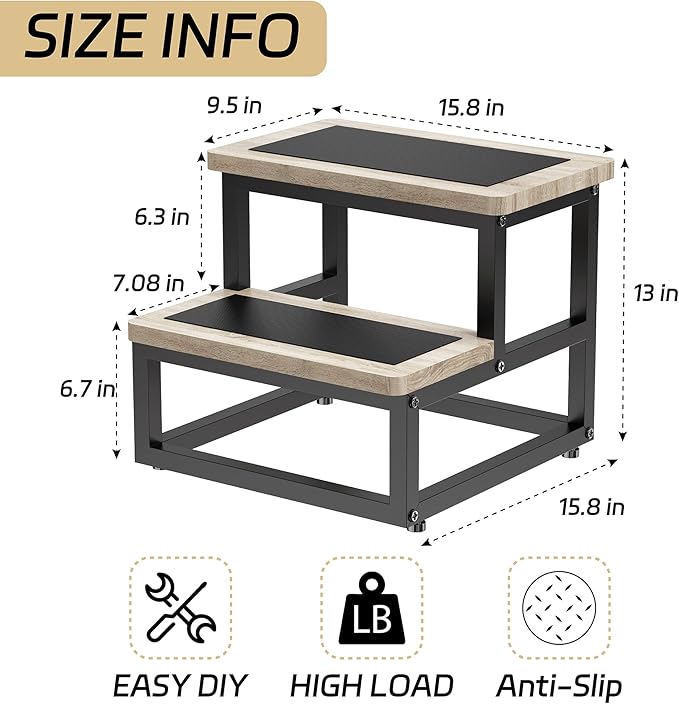 Step Stool, Wood and Metal Step for Adults Kids, Bedside Stepping Stool for High Bed with Round Corners, 2 Steps Foot Stool for Kitchen Bedroom, Load 500 LB, Beige