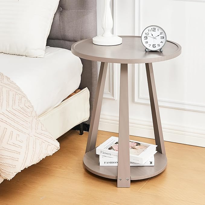 CozyDH Round End Table, Wooden Narrow/Little Coffee/Sofa/Couch SideTable with Lower Shelf for Living Room Bedroom, Solid Wood Bedside Nightstand, Gray