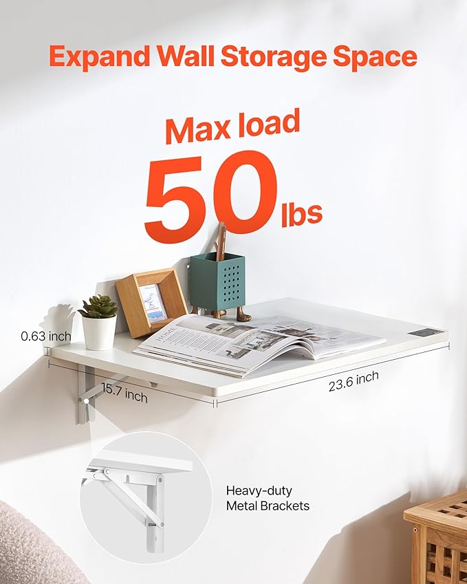 VEVOR Wall Mounted Folding Table, 23.6 x 15.7 inches Wall Mount Table, Floating Desk with Iron Bracket for Small Spaces, Home Office, Dining, Laundry Room, Kitchen, Bar, White