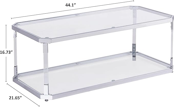 Glass Top Coffee Table, Sliver Rectangle Coffee Table Glass Top with 2 Tiers, Acrylic Leg, Chrome Frame, Modern Center Table for Living Room