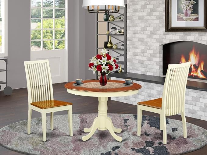 East West Furniture HLIP3-BMK-W 3 Piece Dining Set Contains a Round Dining Room Table with Pedestal and 2 Kitchen Chairs, 42x42 Inch, Buttermilk & Cherry