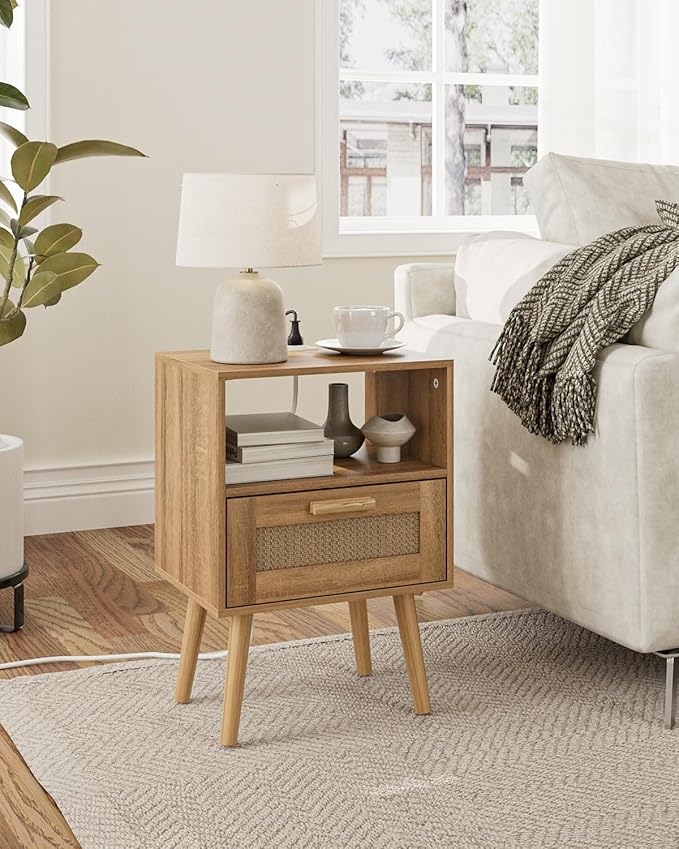 Rattan Nightstand with Charging Station, Small Night Stand, Side Table with Drawer Open Shelf, Cane Accent Bedside End Table with Wood Legs, Modern Nightstand for Bedroom, Oak (Modern)