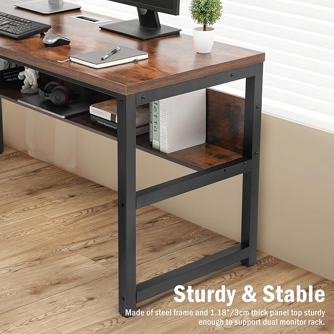 TOPSKY Computer Desk with Bookshelf/Metal Hole Cable Cover 1.18" Thick Desk (Rustic Brown, 63")