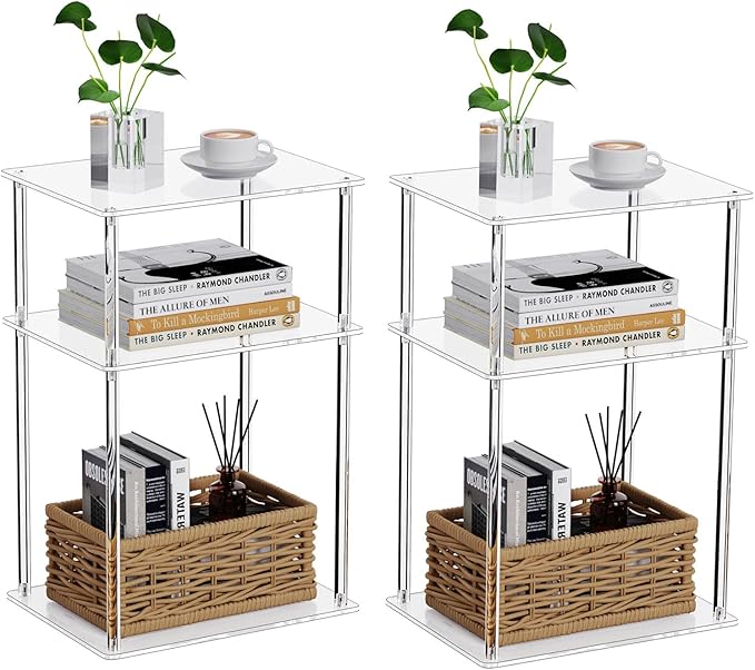 Clear Acrylic Side Table, 3-Tier End Table for Living Room, Small Bedside Tables Nightstand for Bedroom Set of 2, Home Decor Accent Table, 15.7" L x 11.8" W x 23.6" H