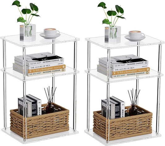 Clear Acrylic Side Table, 3-Tier End Table for Living Room, Small Bedside Tables Nightstand for Bedroom Set of 2, Home Decor Accent Table, 15.7" L x 11.8" W x 23.6" H