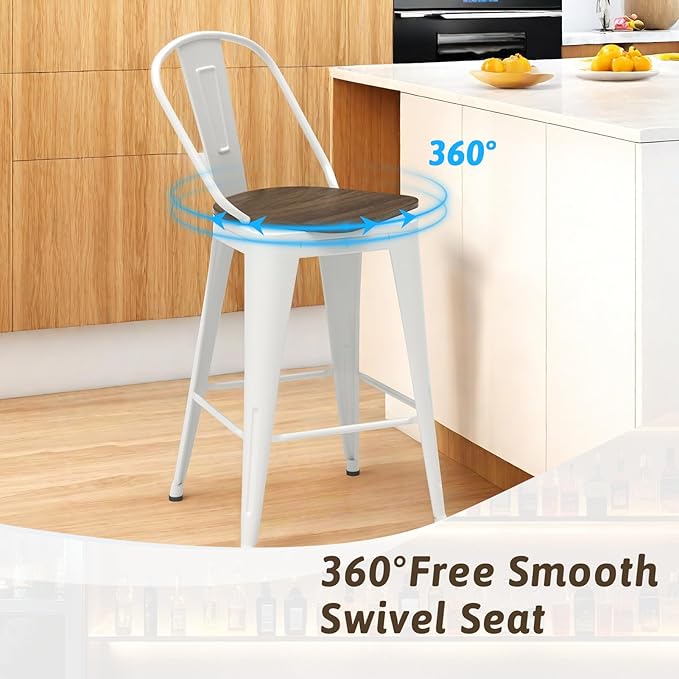 30” Swivel Bar Stools Set of 4, Counter Height Bar Stools Wooden Seat, Metal Industrial Bar Chairs with High Back for Kitchen Island (White)