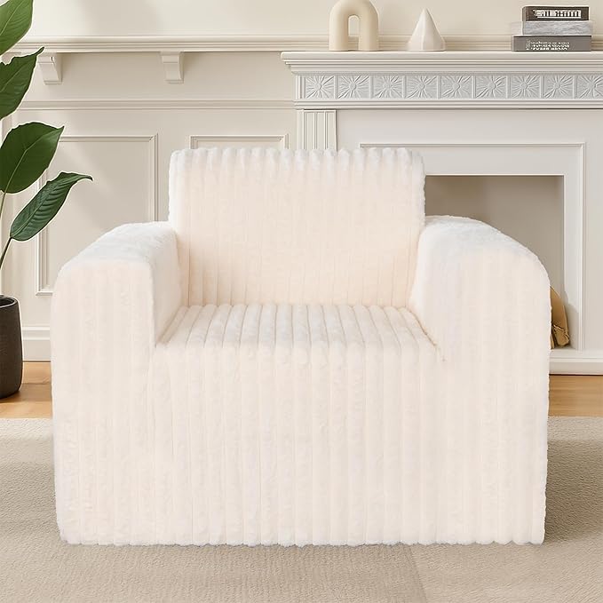 Giant Bean Bag Chair for Adults, Non-Slip Floor Sofa with High Backrest & Wider Armrest, Upgrade Whole Sponge Bean Bag Sofa Couch for Bedroom Living Room(Large,Beige,Stripe Plush)