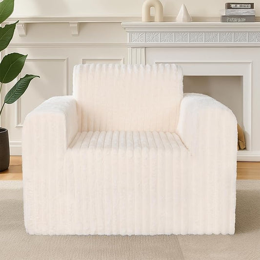Giant Bean Bag Chair for Adults, Non-Slip Floor Sofa with High Backrest & Wider Armrest, Upgrade Whole Sponge Bean Bag Sofa Couch for Bedroom Living Room(Large,Beige,Stripe Plush)