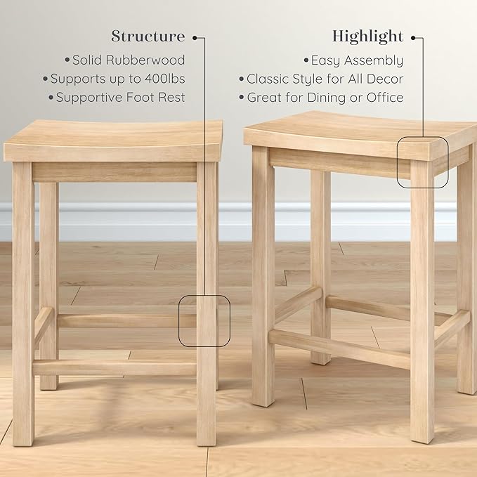 Grain & Grove Smith Collection Set of 2 Solid Wood Counter Height Bar Stools, 24-Inch Saddle Seat Backless Stools, Ideal for Kitchen Island, Dining, or Home Bar Seating, Blonde