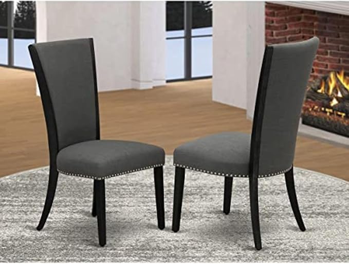 East West Furniture VEP6T50 Verona Parson Dining Chairs - Nailhead Trim Dark Gotham Linen Fabric Padded Chairs, Set of 2, Wirebrushed Black